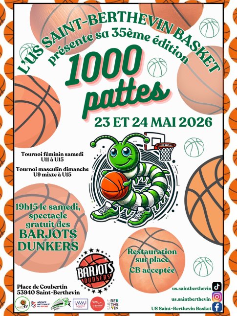 Nous avons le plaisir de vous informer que notre tournoi des 1000 pattes se déroulera le samedi 23 et dimanche 24 mai prochain🥳 À noter également que le samedi soir, nous aurons l’honneur d’accueillir les Barjots Dunkers, pour un show spectaculaire gratuit à 19h15🏀