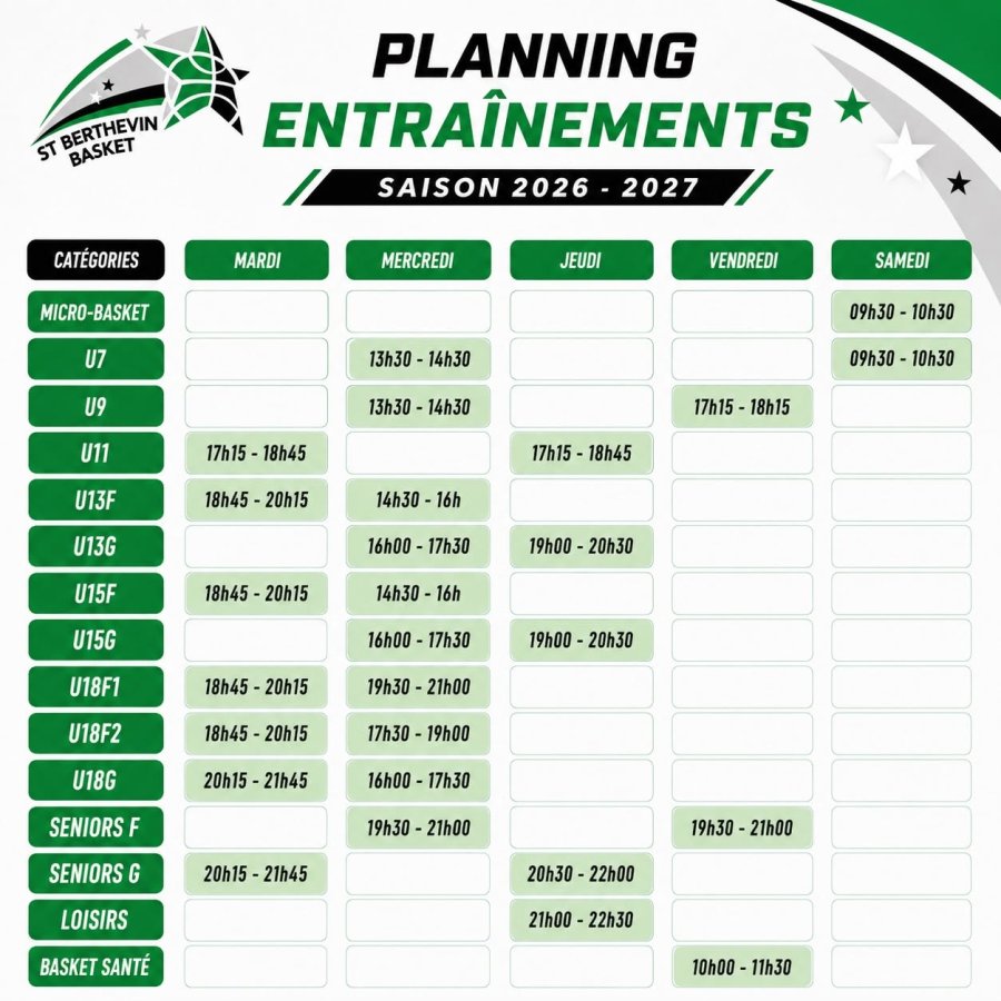 🏀 TOP DÉPART POUR LA SAISON ! Le planning des entraînements est désormais disponible📋 Consultez les horaires de vos entrainements et préparez-vous à reprendre le chemin des terrains ! 📅 Rendez-vous dès la semaine du 1er septembre pour la reprise ! On a hâte de vous retrouver sur les parquets 🏀